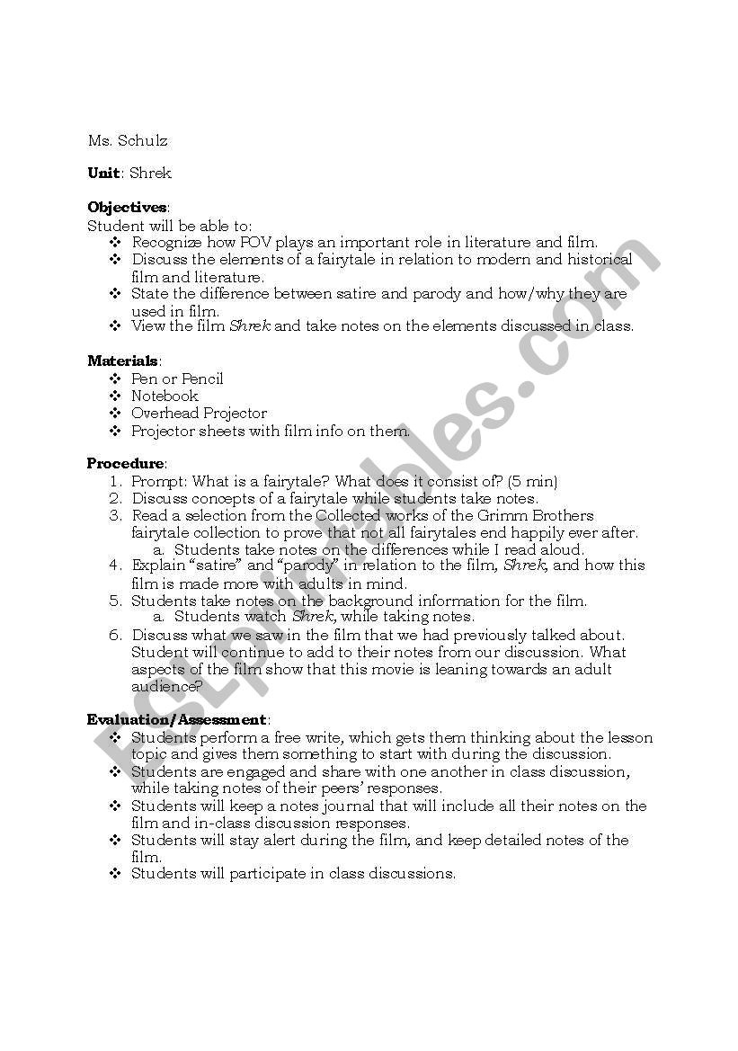 Shrek/Fairytale Lesson Plan Day 1