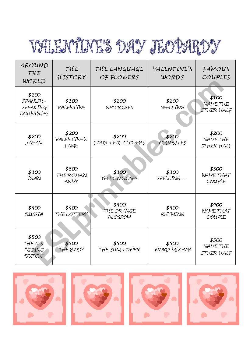 Valentines Day Jeopardy worksheet