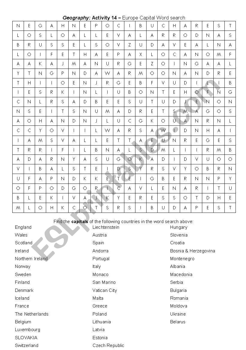 Europe Capital Crossword worksheet