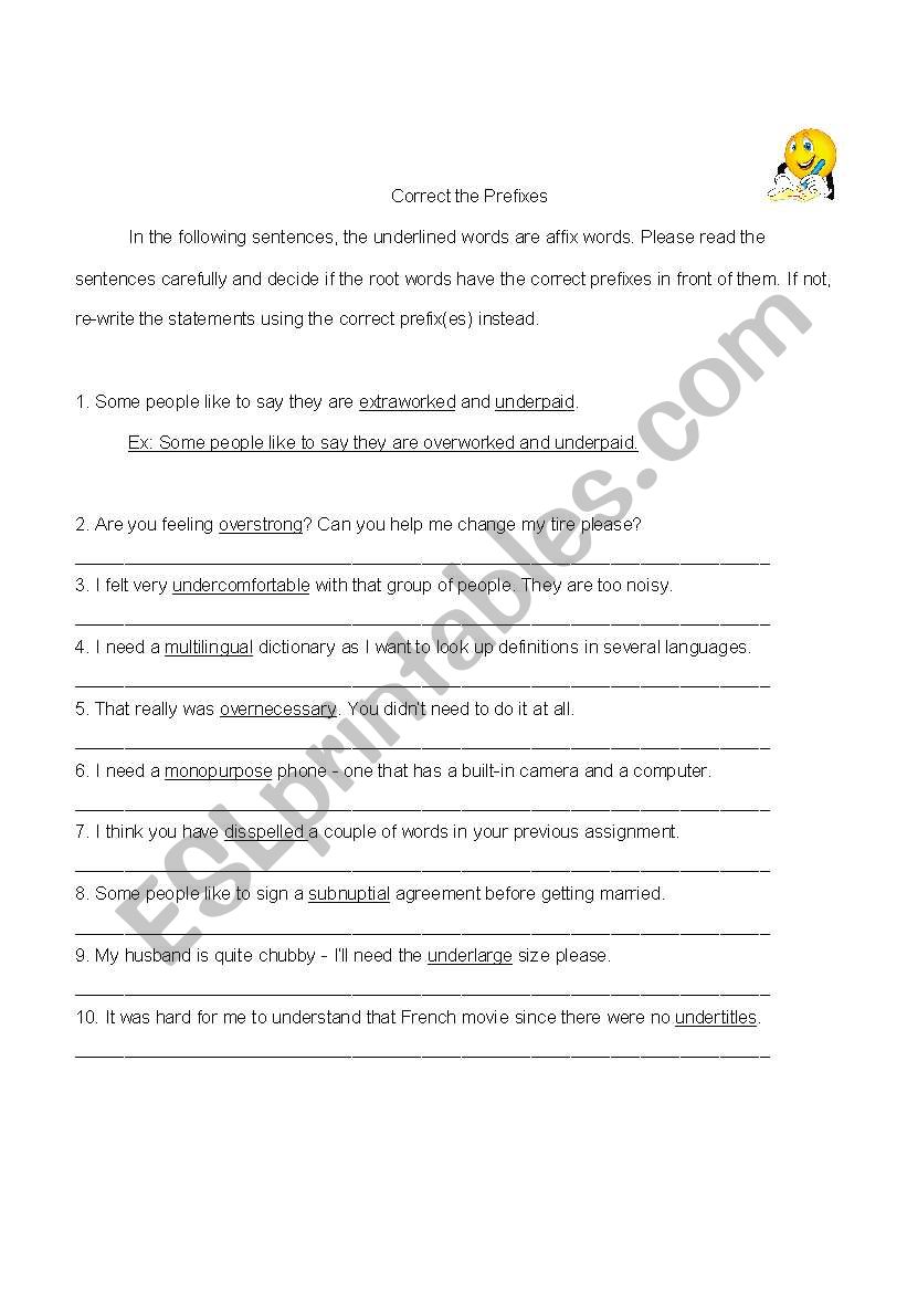 correct the prefix worksheet