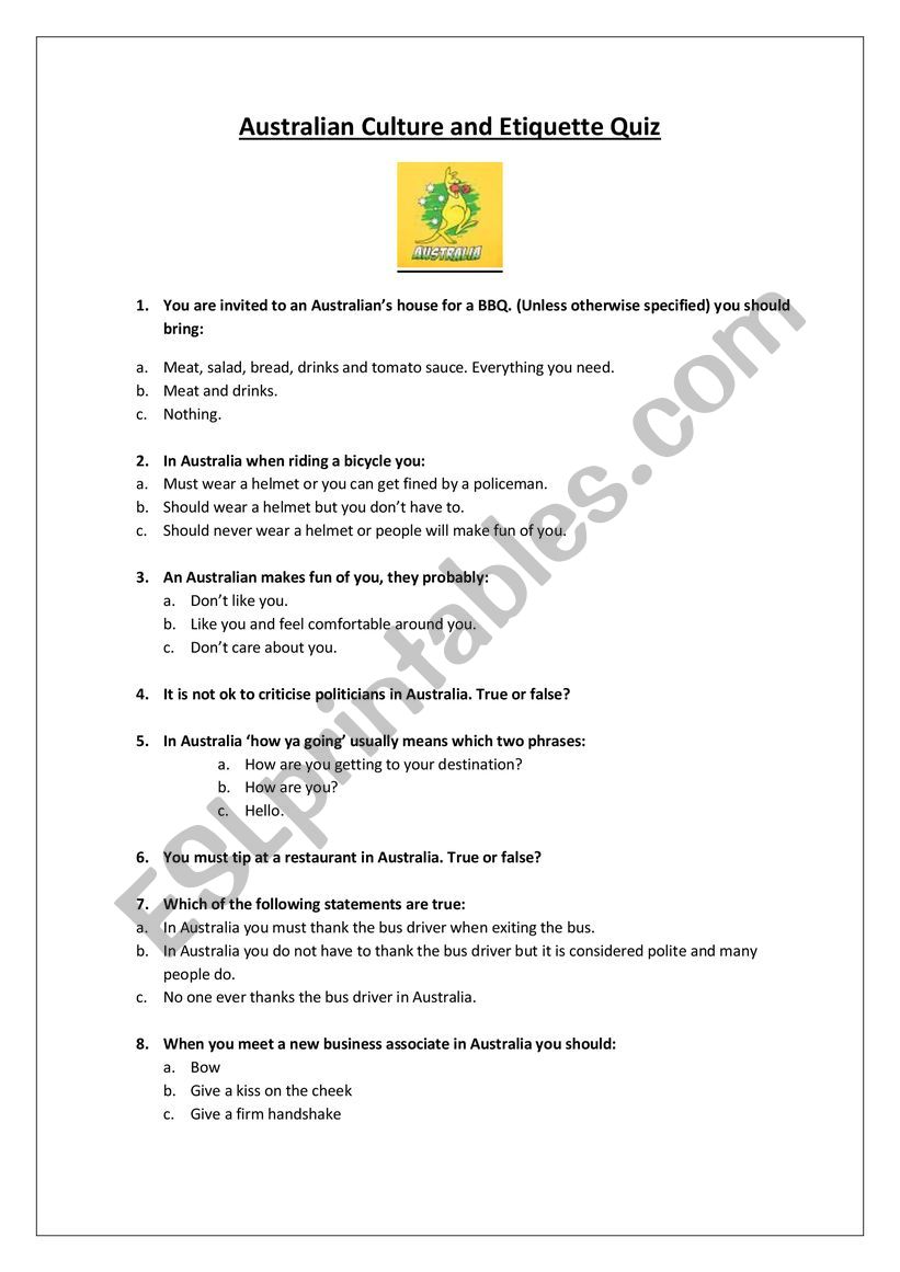 Auzzie Culture and Etiquette Quiz