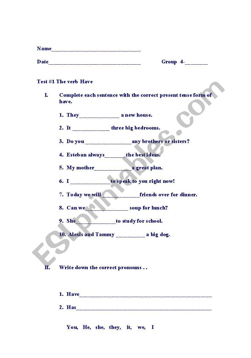 Verb to have worksheet