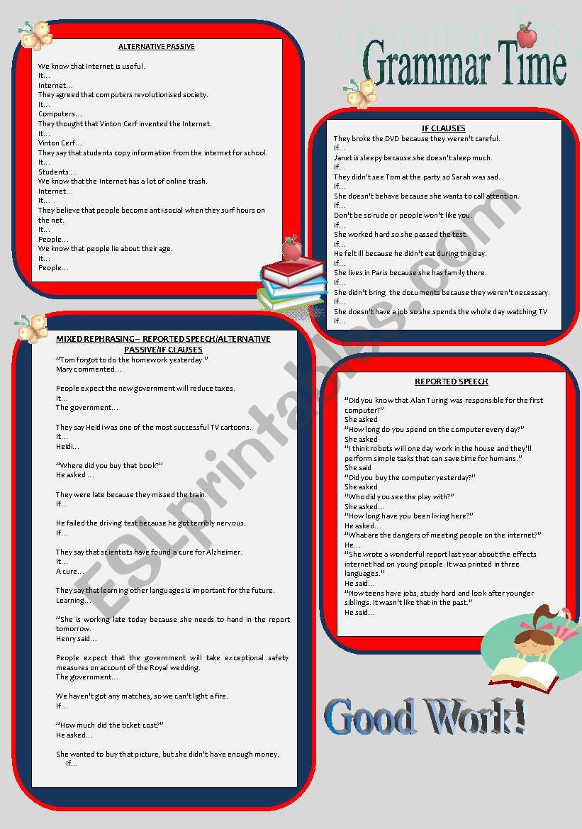 Grammar work (conditionals/reported speech/alternative pasive)