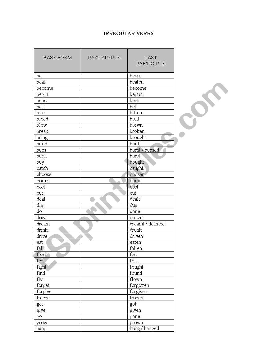 irregular verb list worksheet