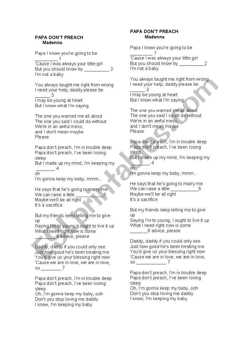 song Papa dont preach worksheet