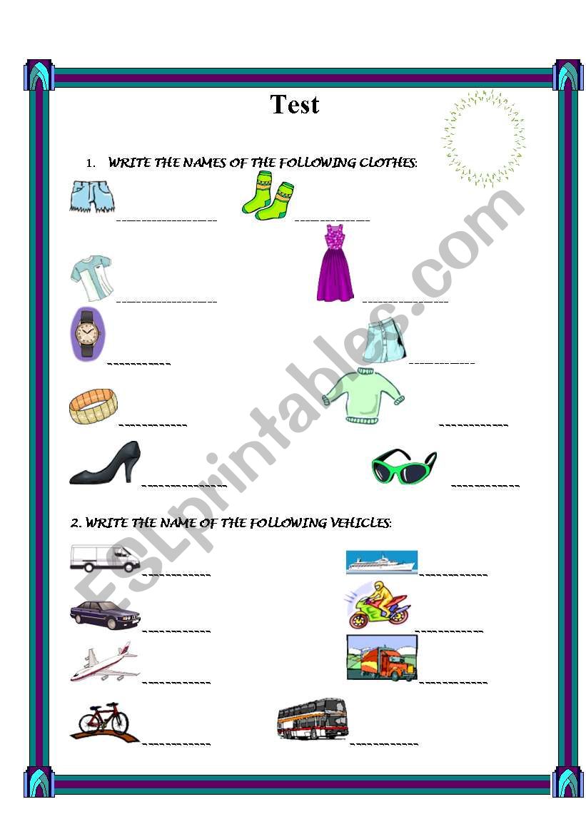 Clothes and vehicles worksheet