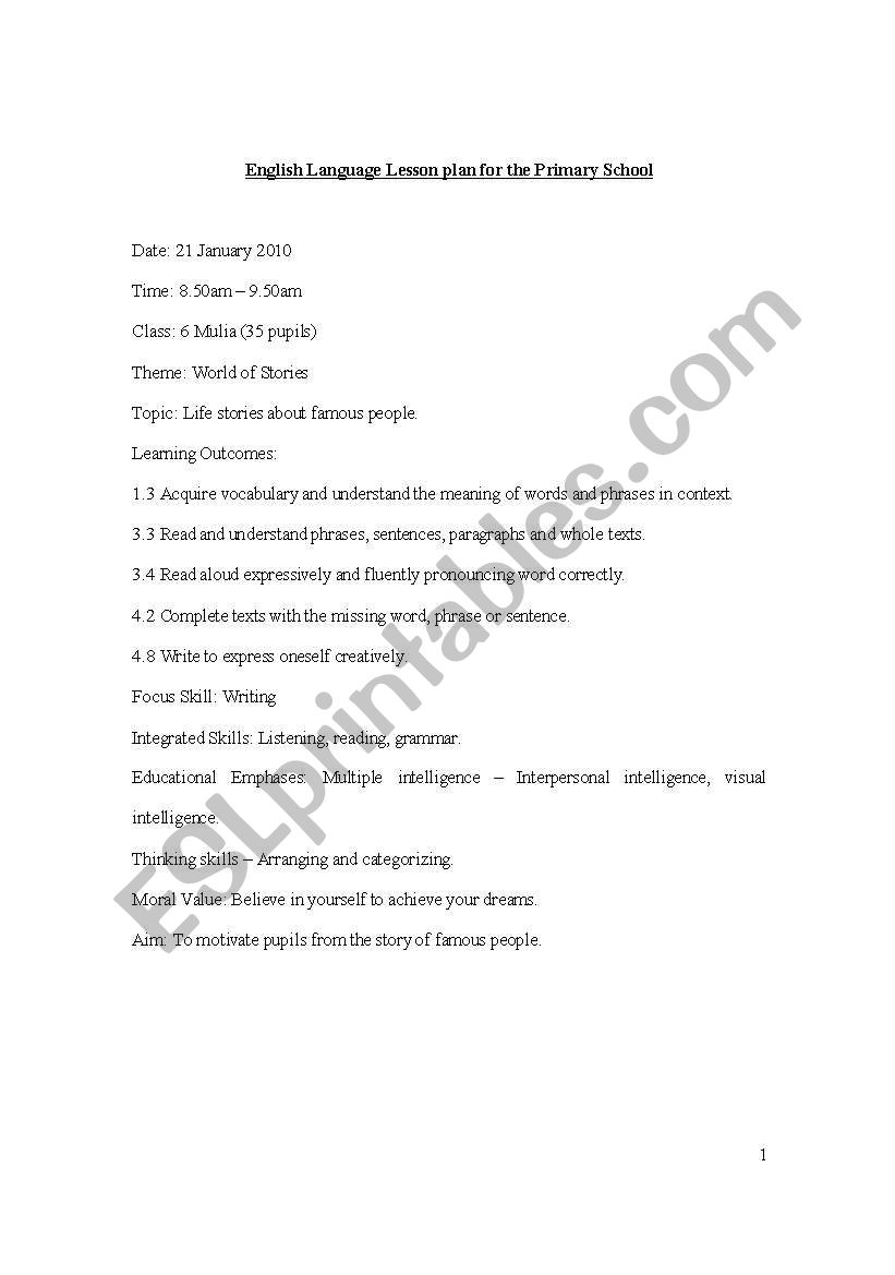 English Language Lesson Plan Year 6