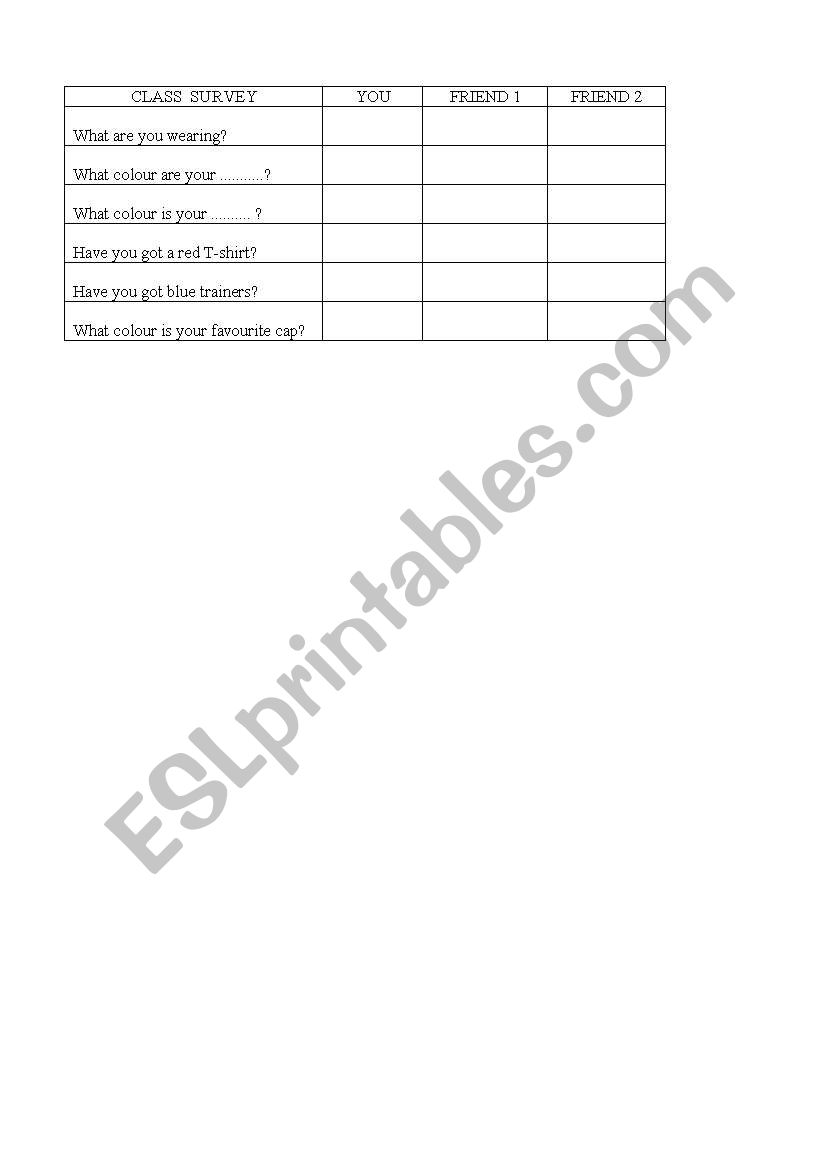 clothes survey worksheet