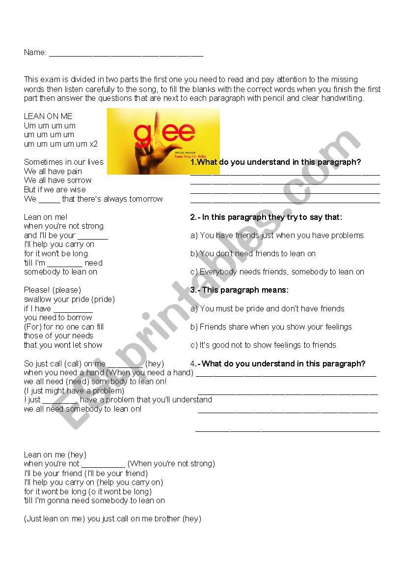 Glee listening worksheet