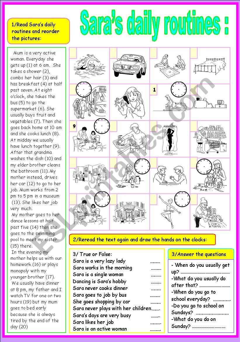 saras daily routines worksheet