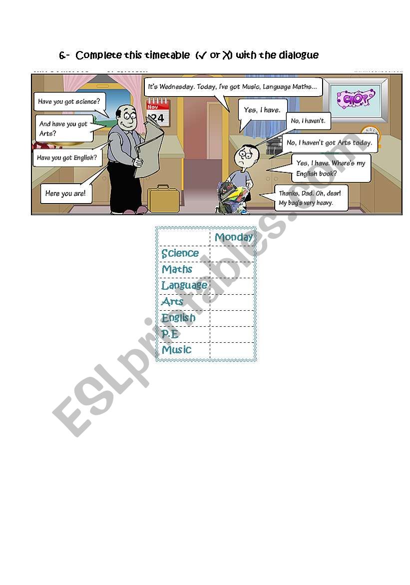 Subjects worksheet