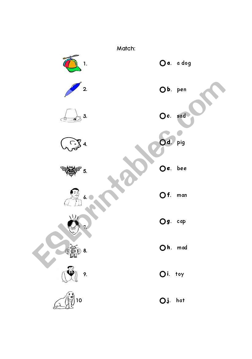 Matching pictures to words worksheet