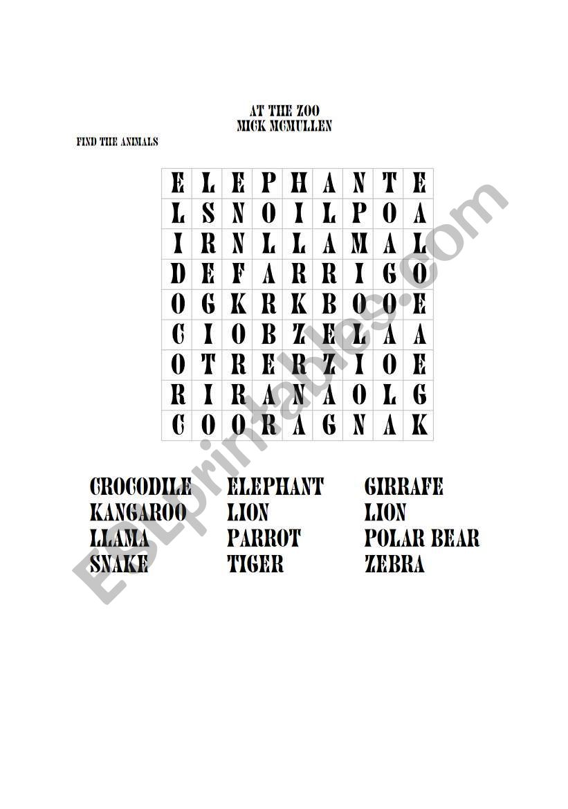 English worksheets At the Zoo word search