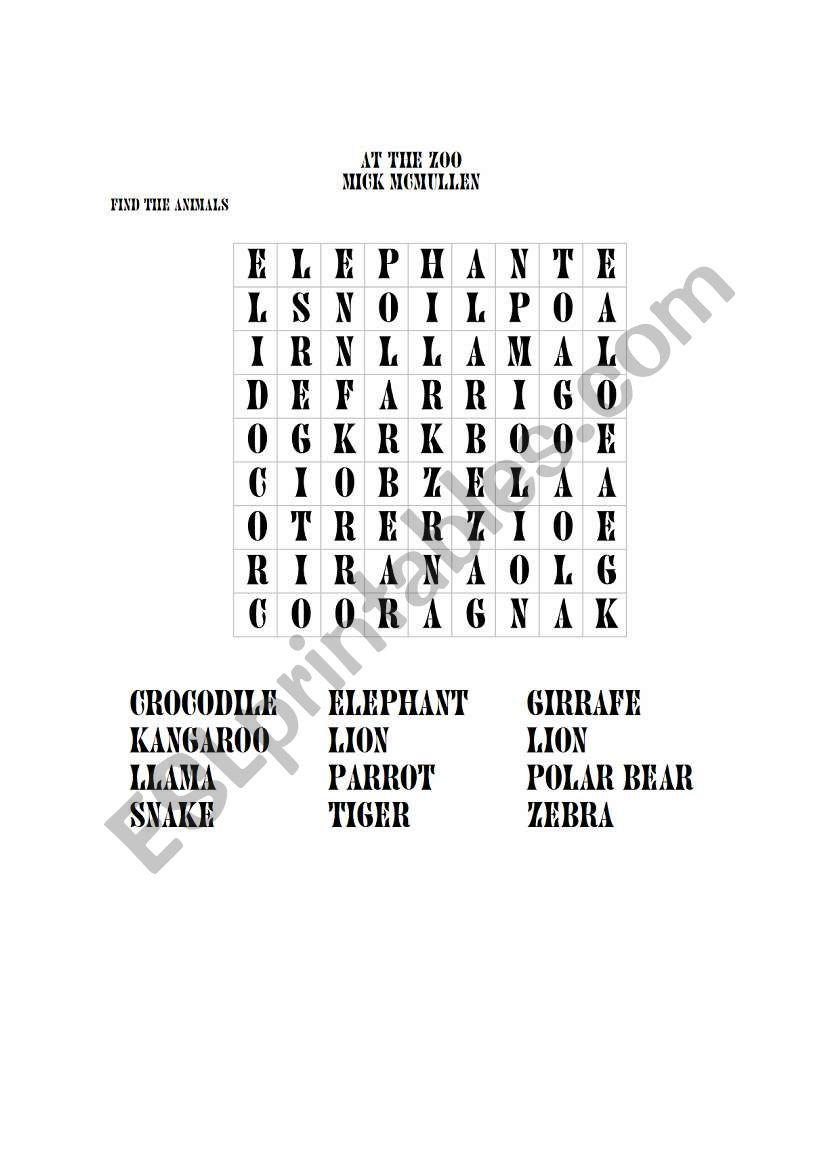 At the Zoo word search worksheet