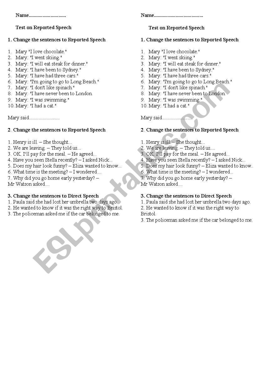 Reported speech worksheet