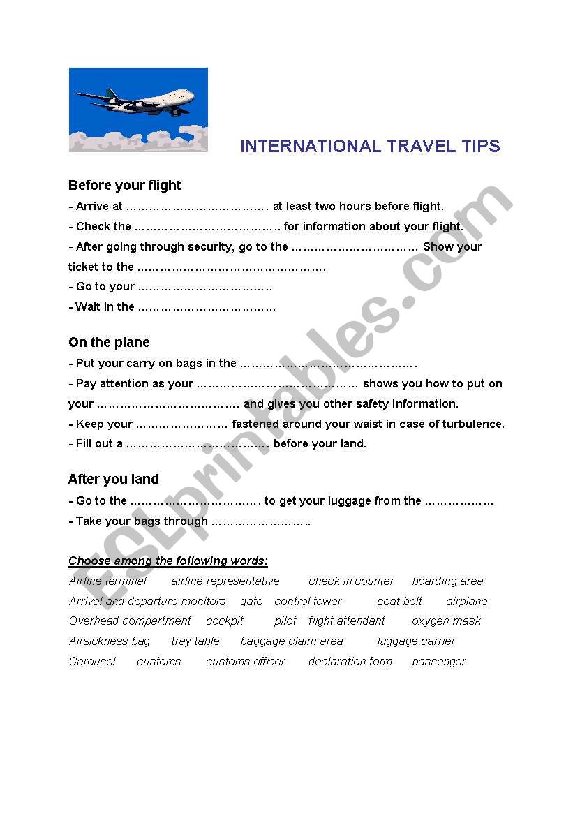 International Travel Tips worksheet