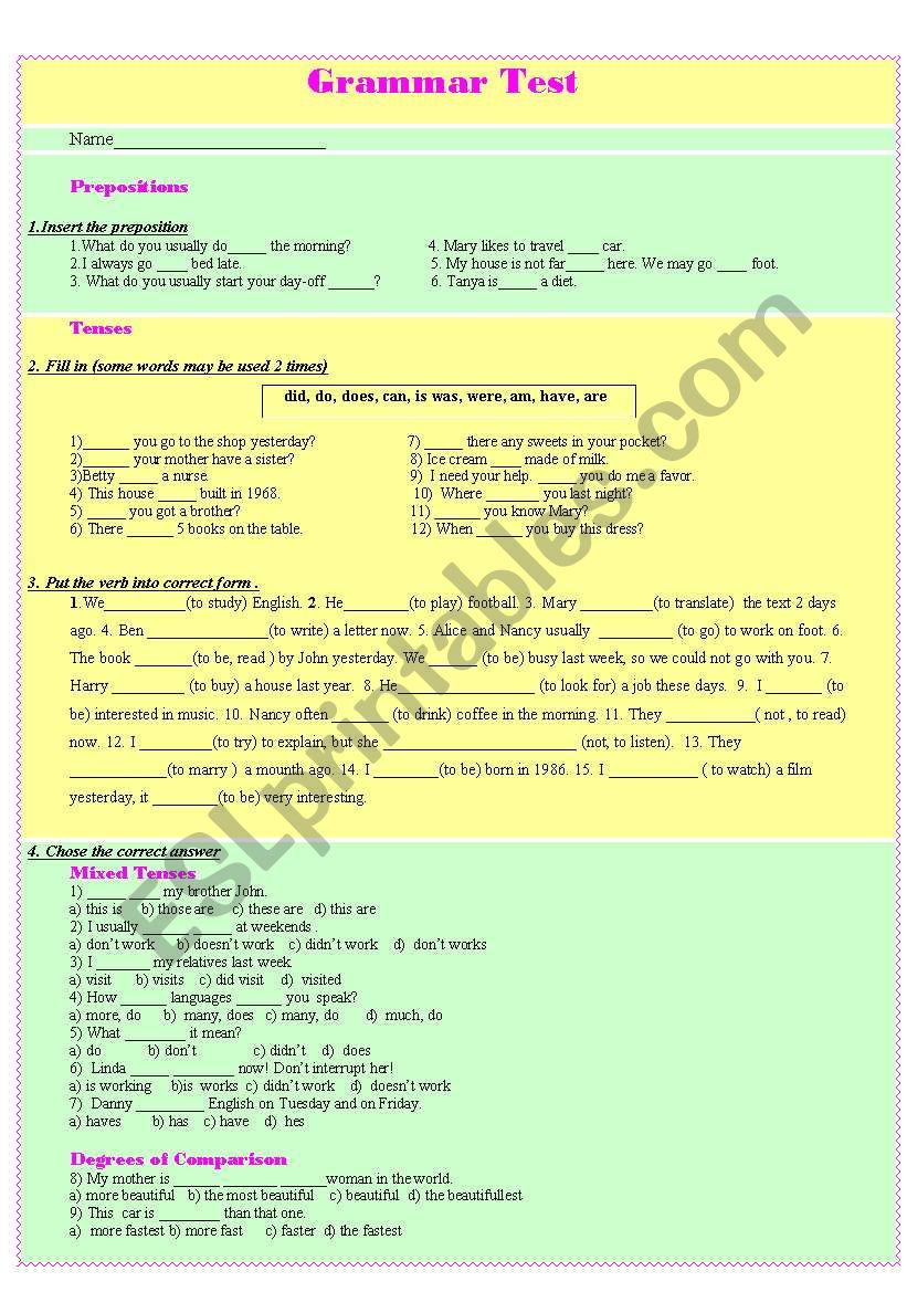 Grammar test (mixed tenses, types of questions and prepositions)