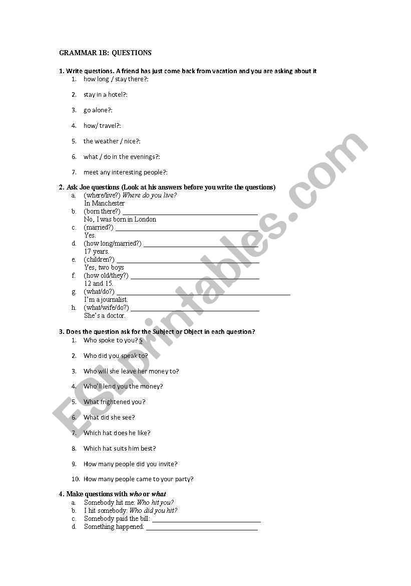 Questions worksheet