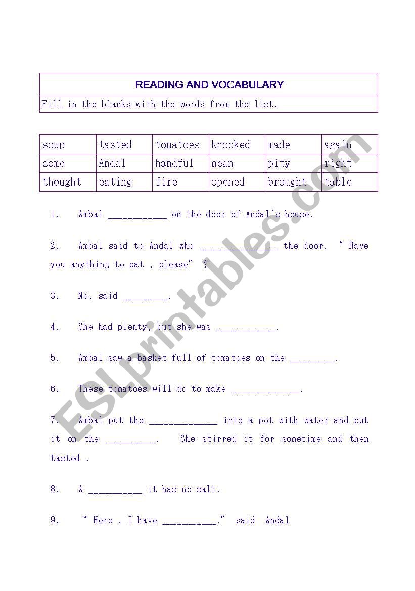 Reading and Vocabulary 1 worksheet
