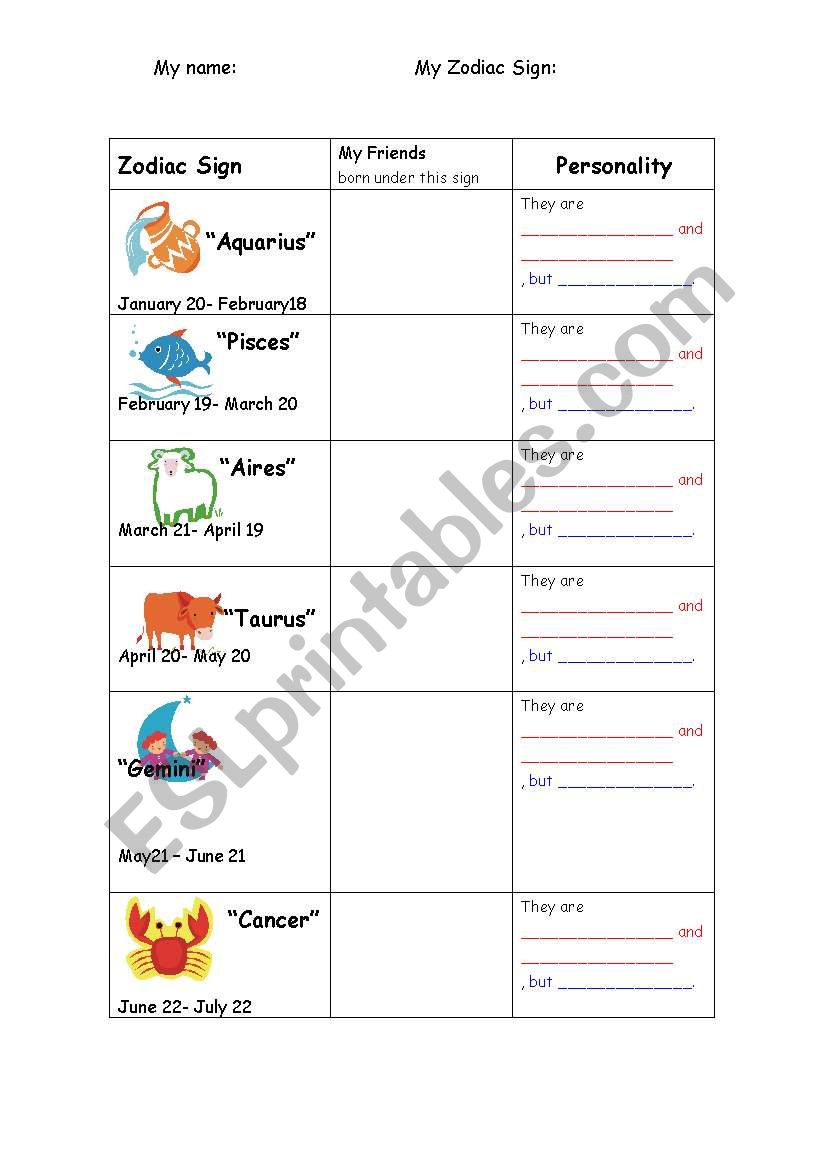 Zodiac signs and adjectives  worksheet