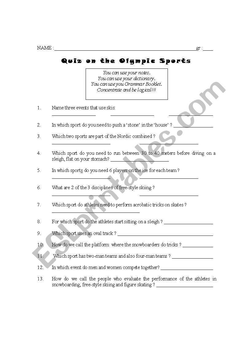 WINTER OLYMPIC quiz worksheet