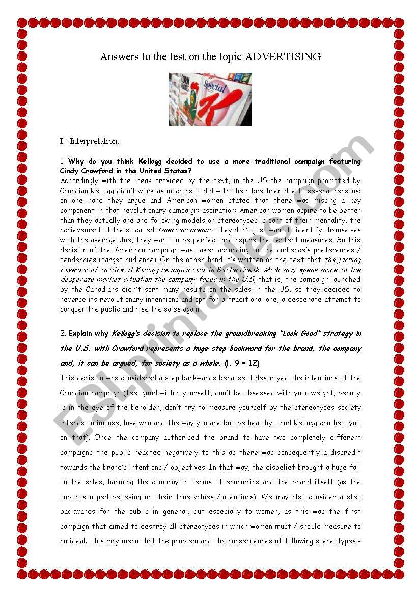 Answer paper on the test Advertising (kelloggs campaign)