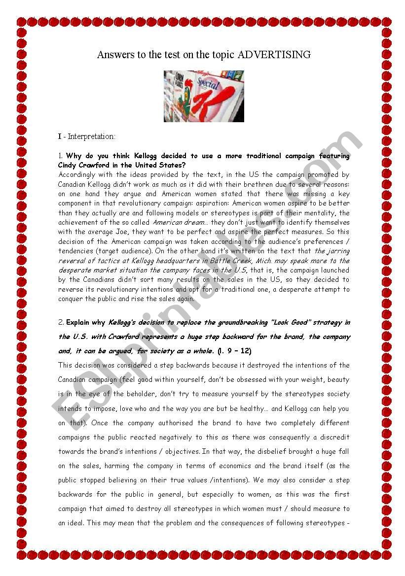 Answer paper on the test Advertising (kelloggÂ´s campaign)