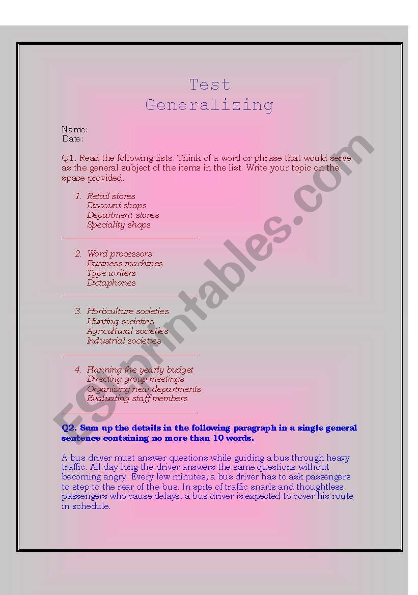 Generalising worksheet