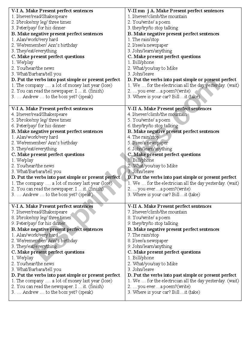 Present perfect quizze worksheet