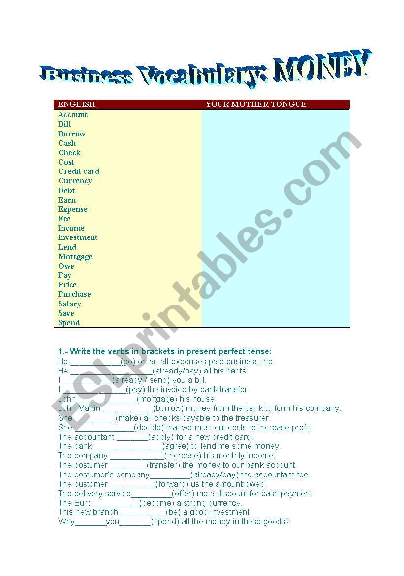 business Vocabulary: Money worksheet