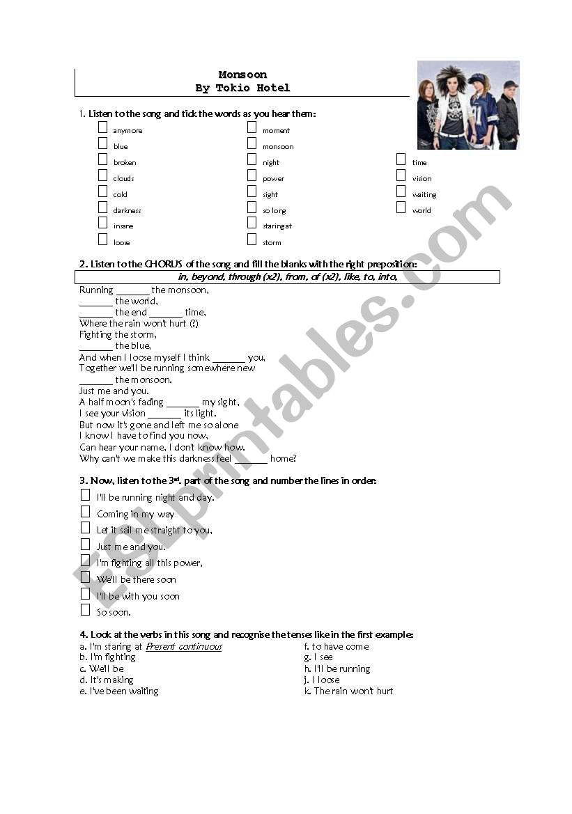 Monsoon by Tokio Hotel worksheet