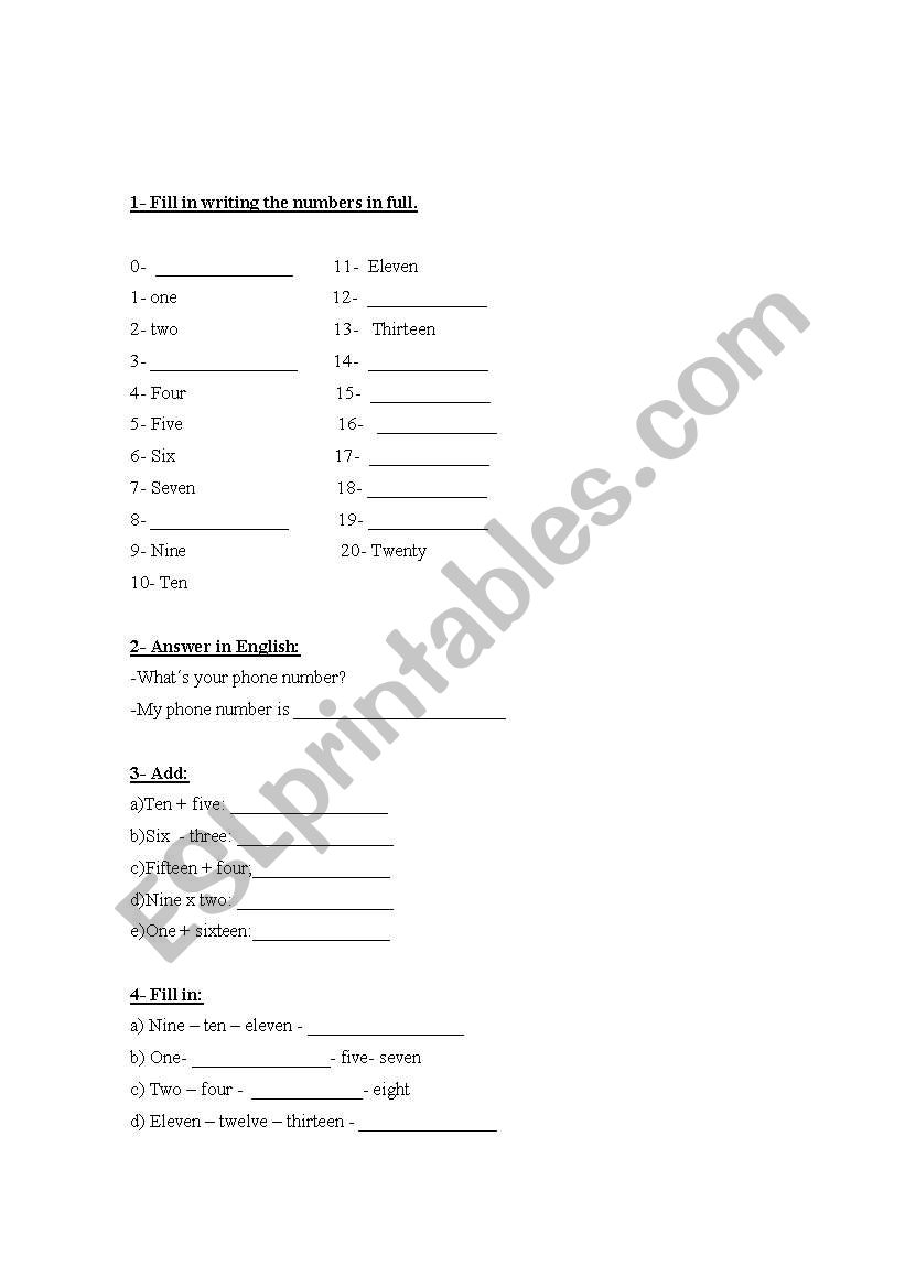 Numbers 1- 20 worksheet