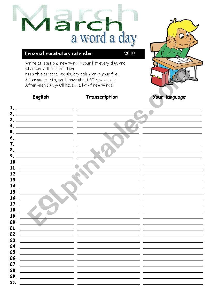 vocabulary calendar - March                         