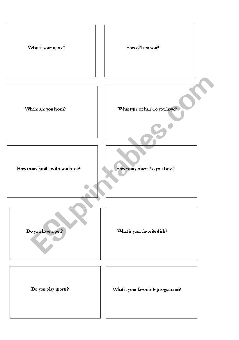 Question cards worksheet