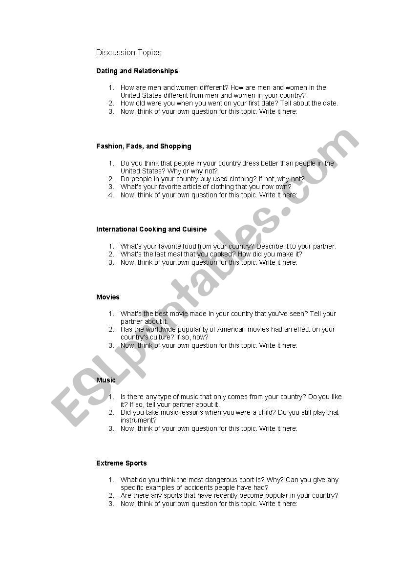 Discussion Topics worksheet