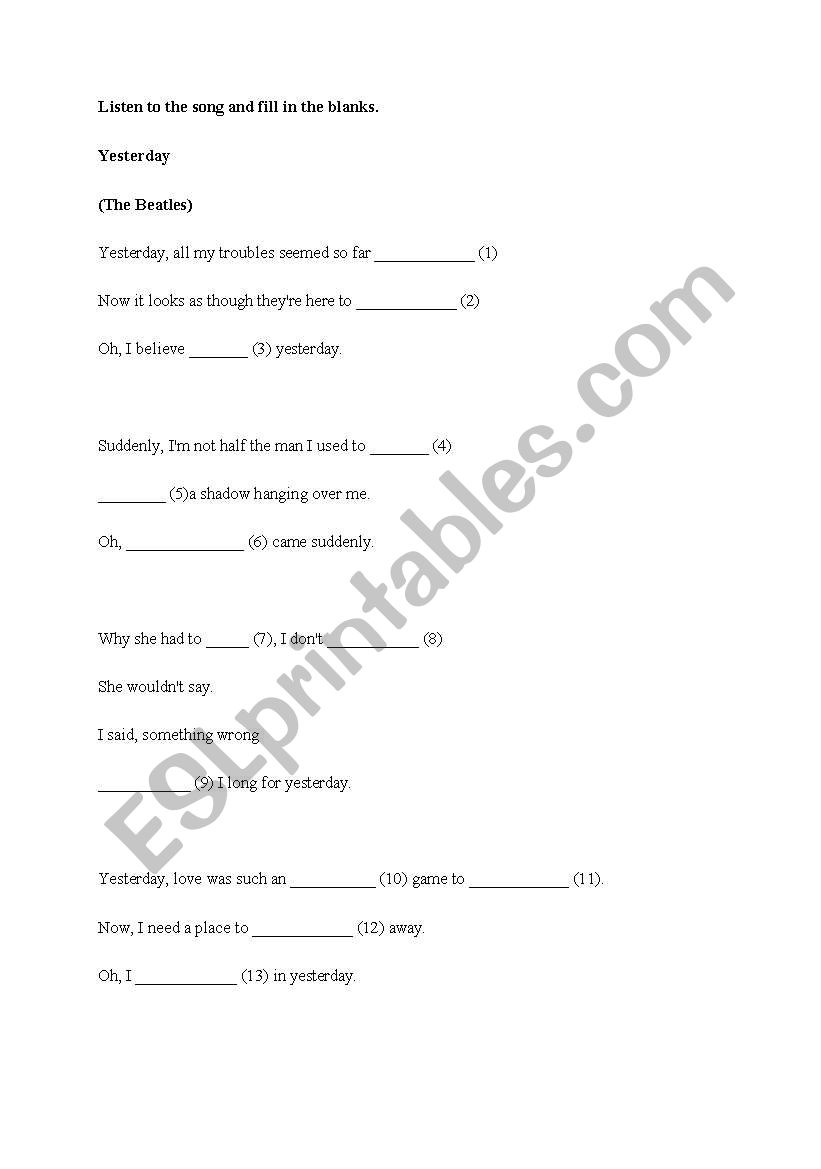 A song activity with blanks worksheet