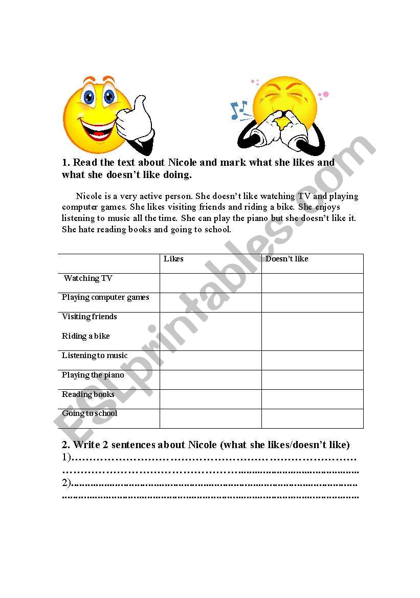 like/dont like worksheet