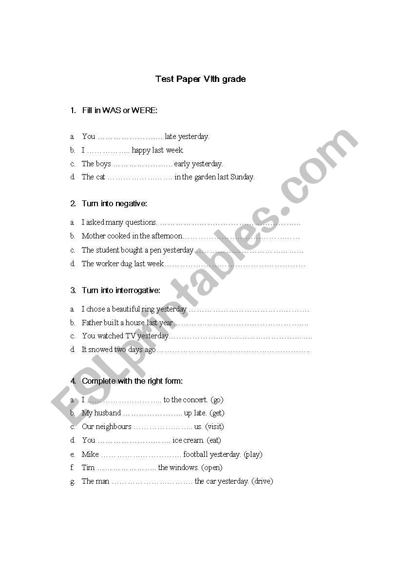 test paper worksheet