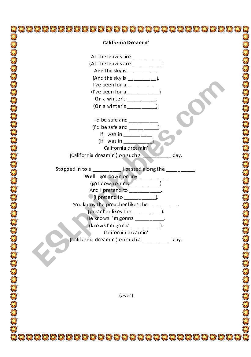 California Dreamin Jigsaw worksheet