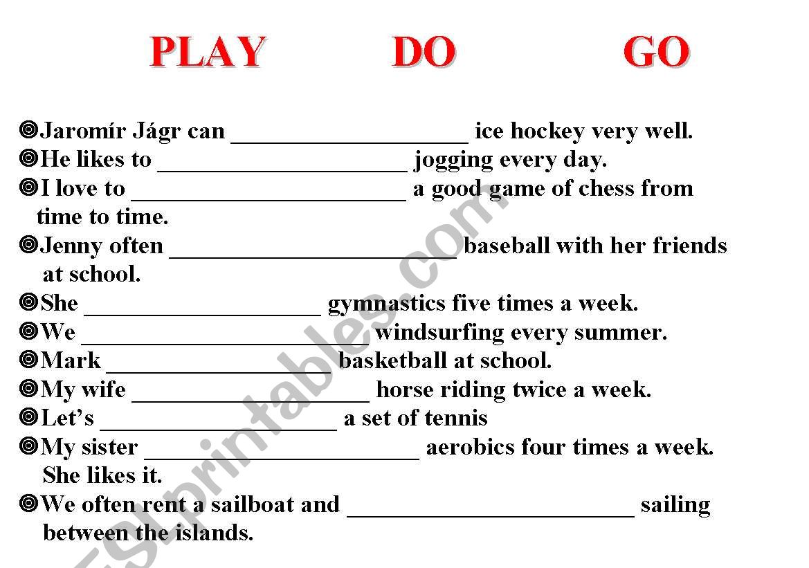 SPORTS that go with PLAY / DO / GO