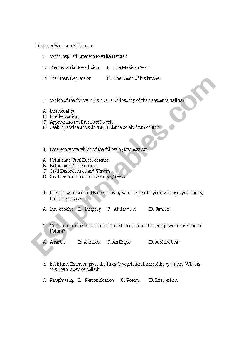 Test Over Emerson & Thoreau worksheet