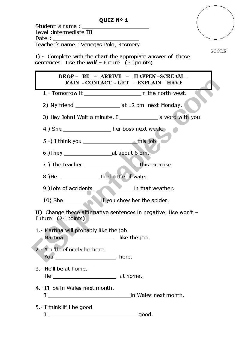 quiz for intermediate - the use of  will and wont 