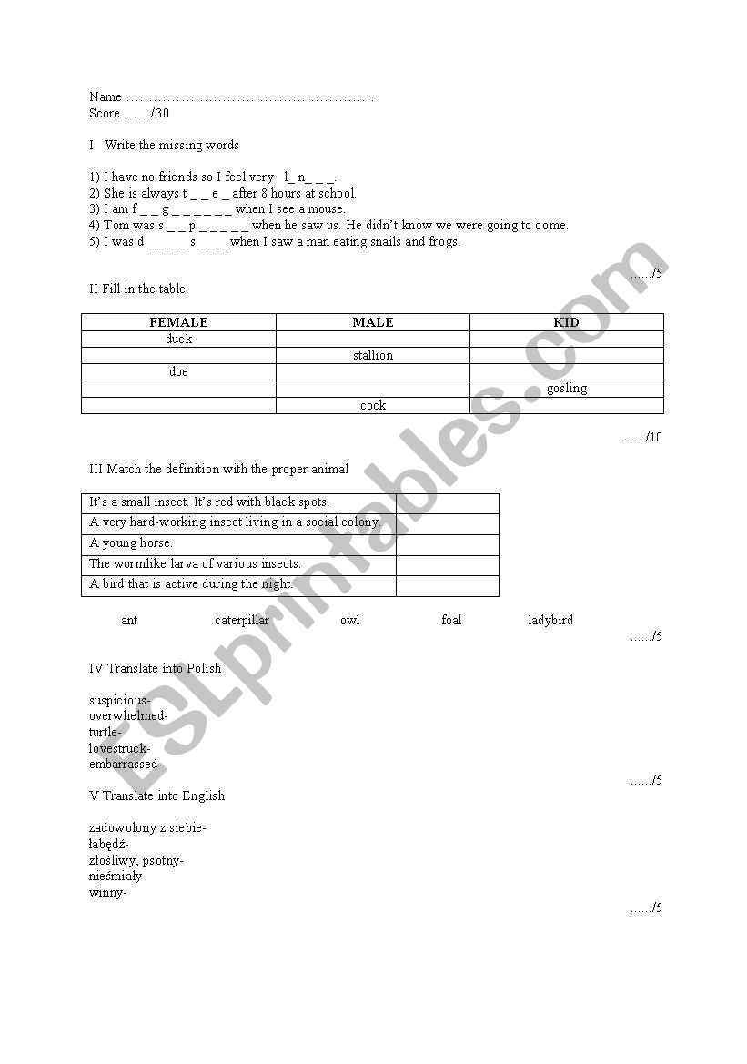 vocabulary test- animals worksheet