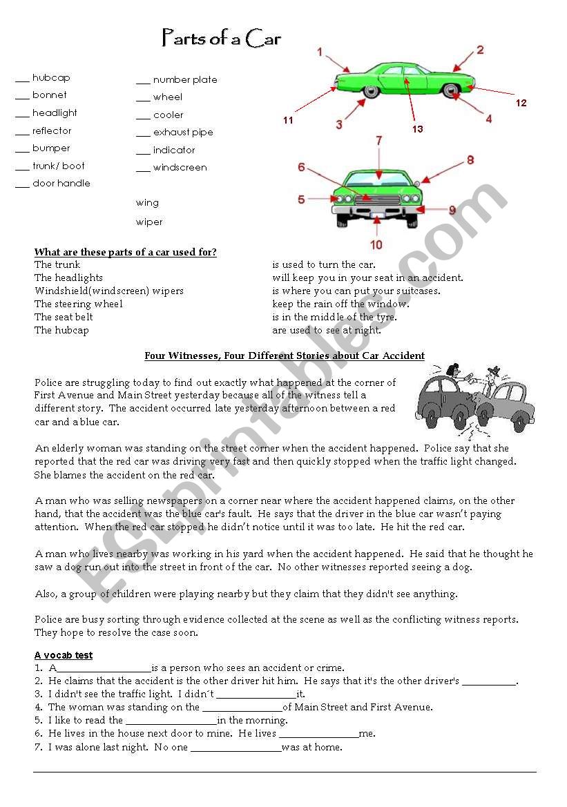 Parts of a car worksheet