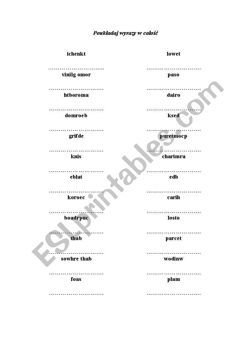 jumbled words- House worksheet