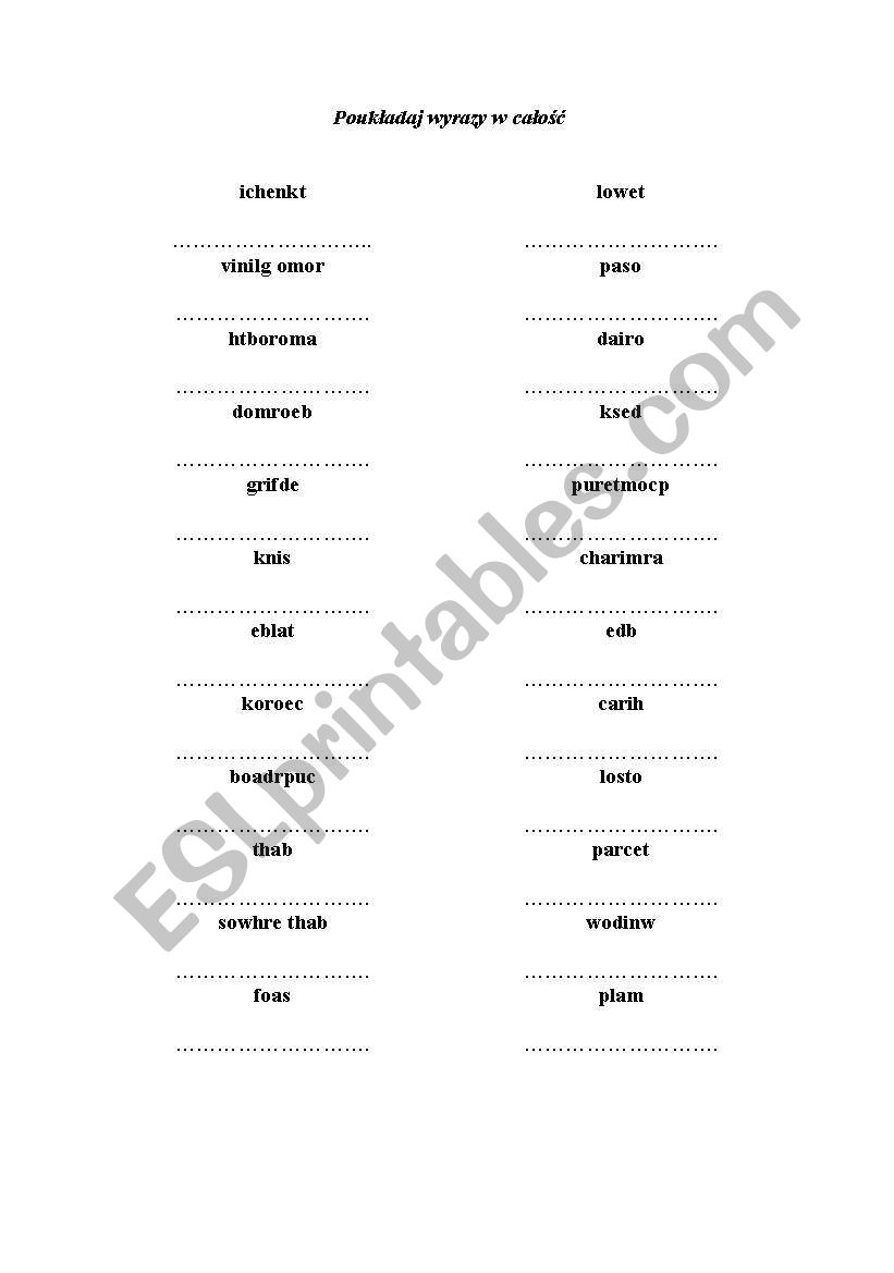 jumbled words- House worksheet