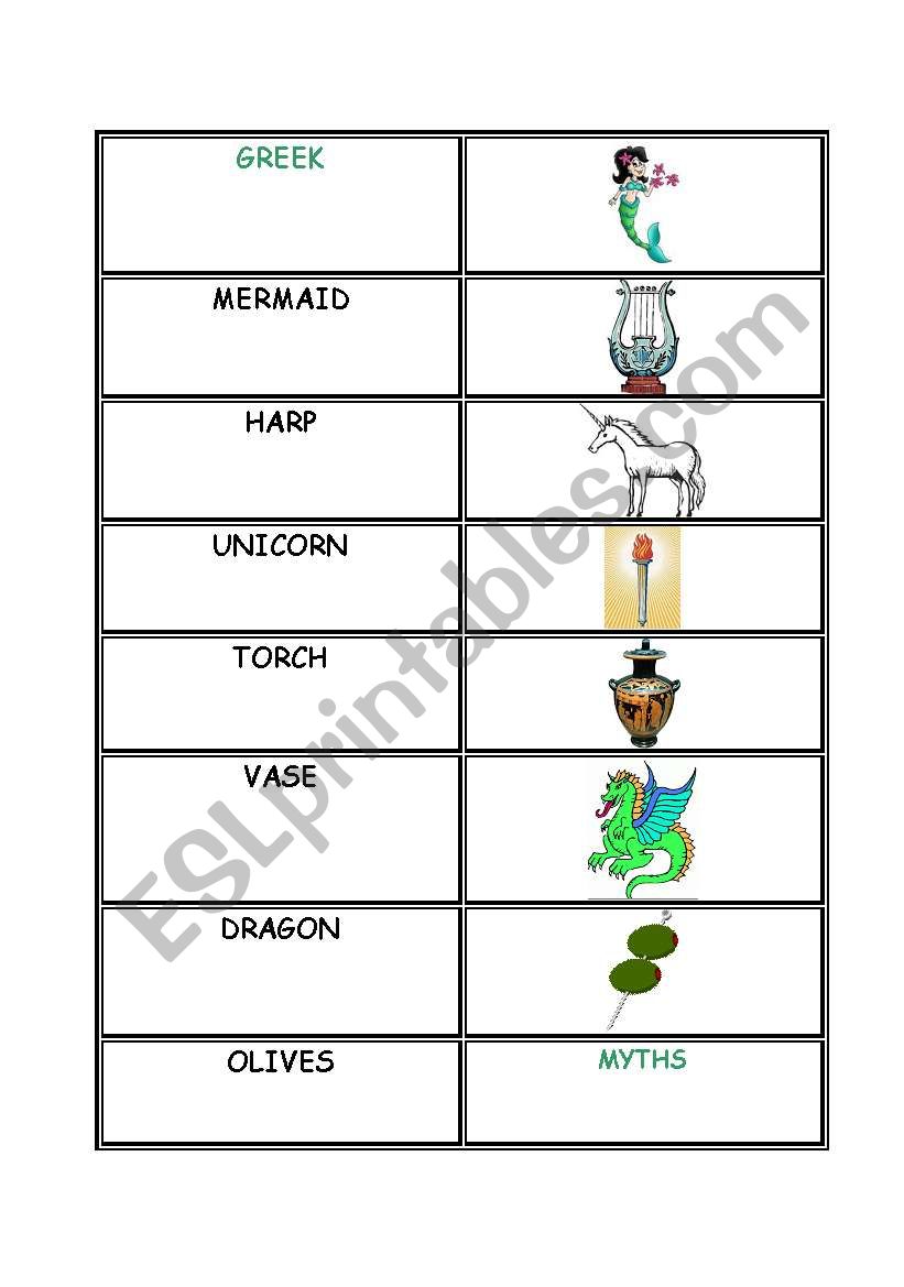 Domino cards and vocabulary activity -greek myths