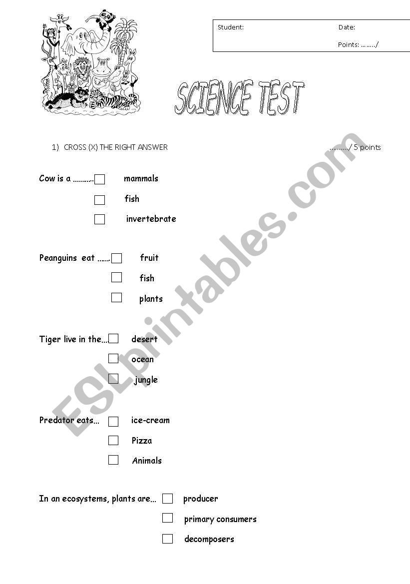 Science test worksheet