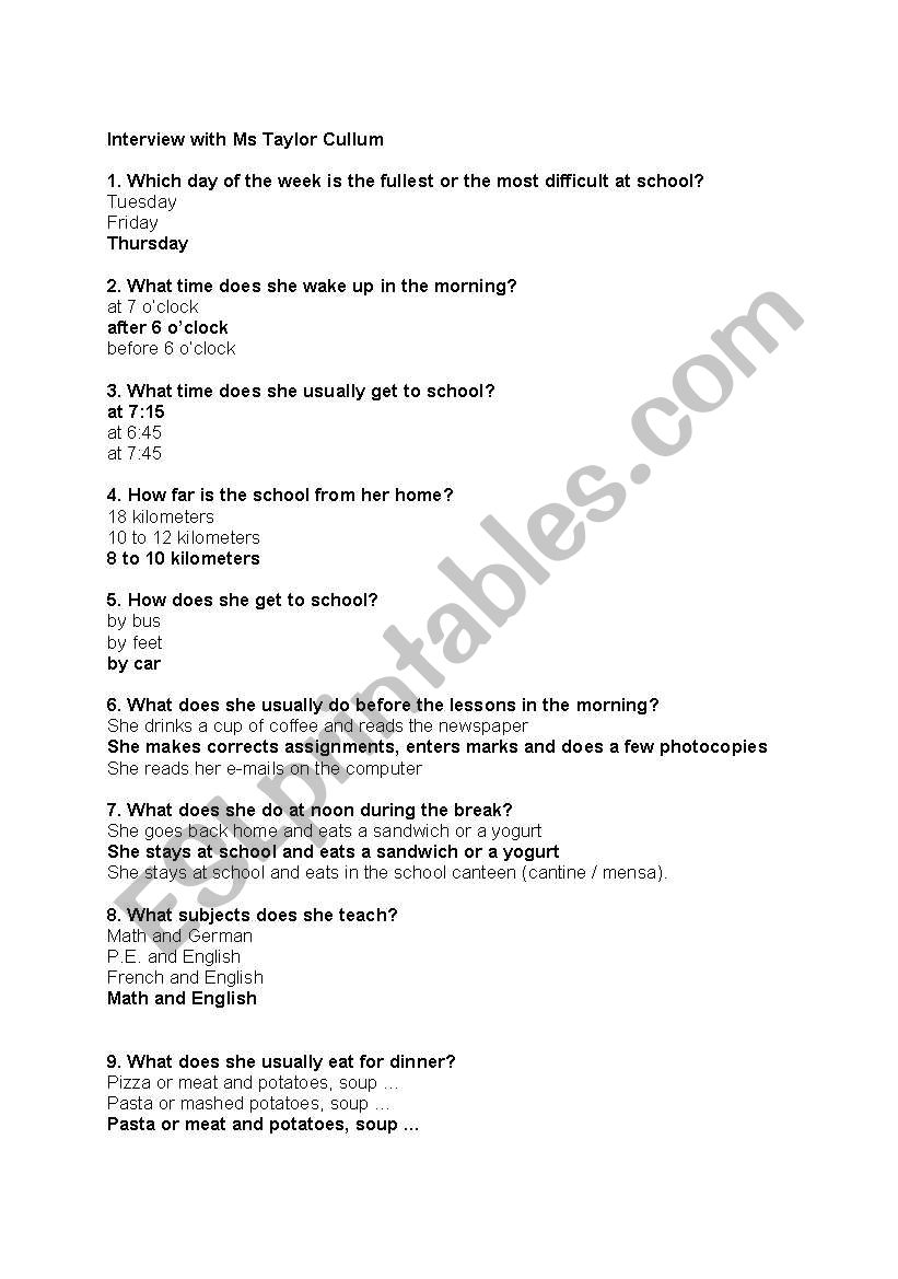 Daily Routines quiz worksheet