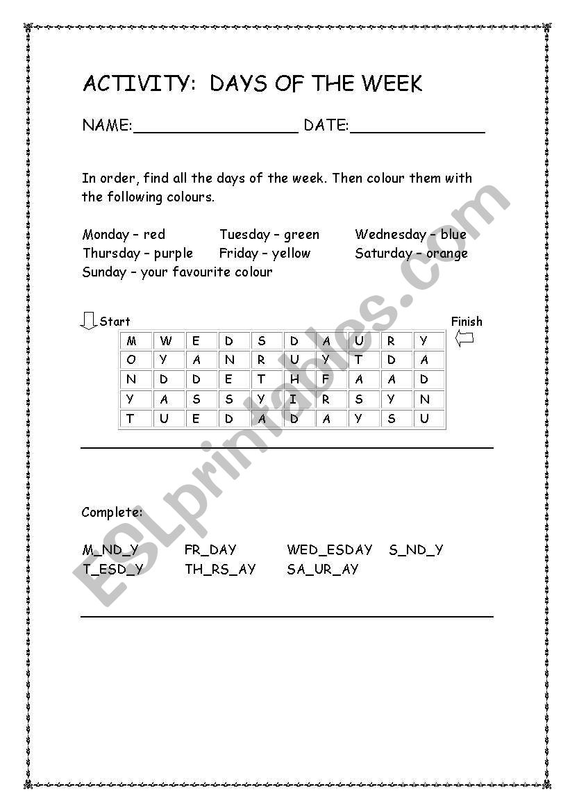 Days of the week worksheet